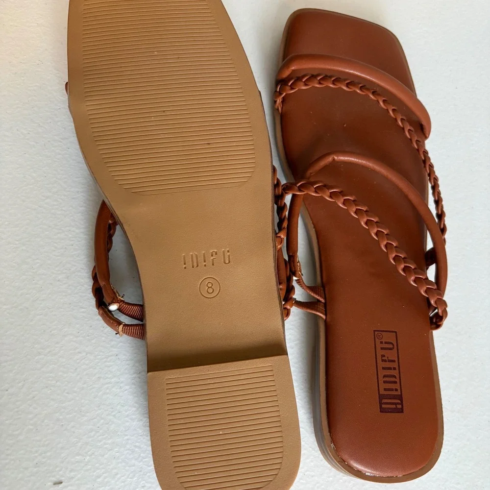 IDIFU Women Brown Braided‎ Strap Square Toe Flat Sandals Size 8 New